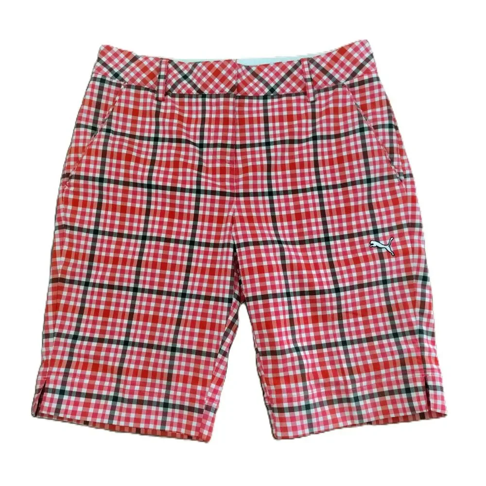 Puma Plaid Golf Shorts Womens Sz 2 Bermuda Red White Stretch Performance Casual